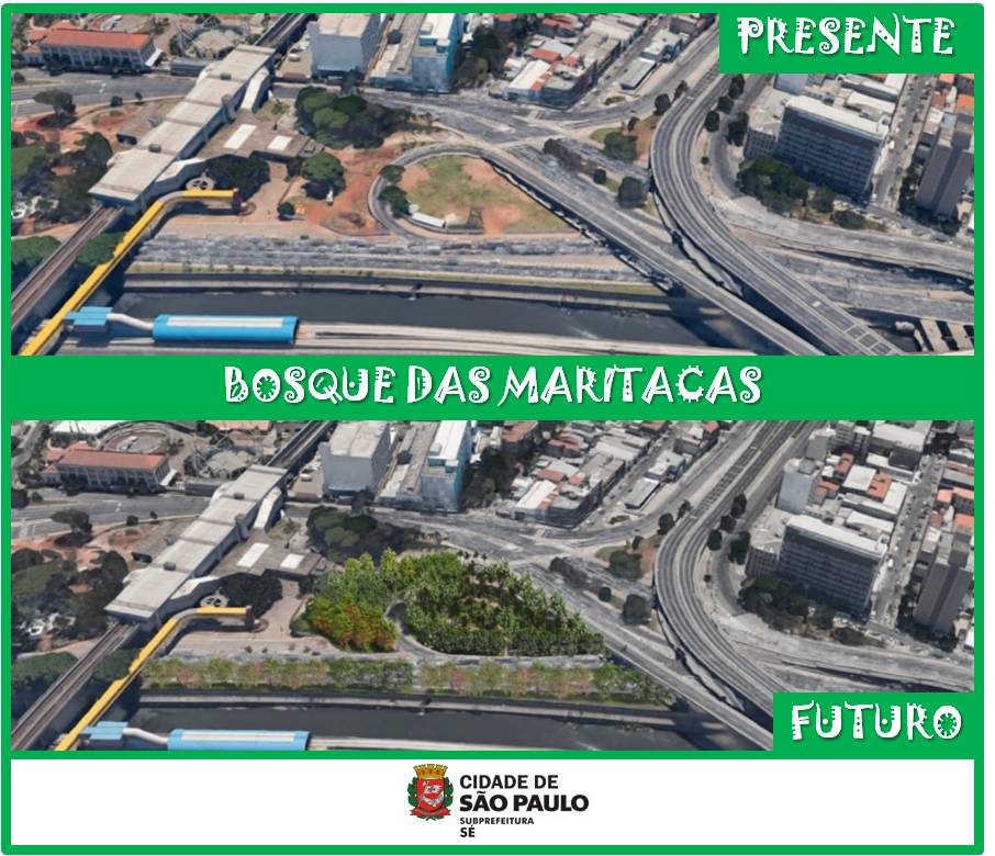 Duas imagens aéreas do antes e do futuro bosque das Maritacas